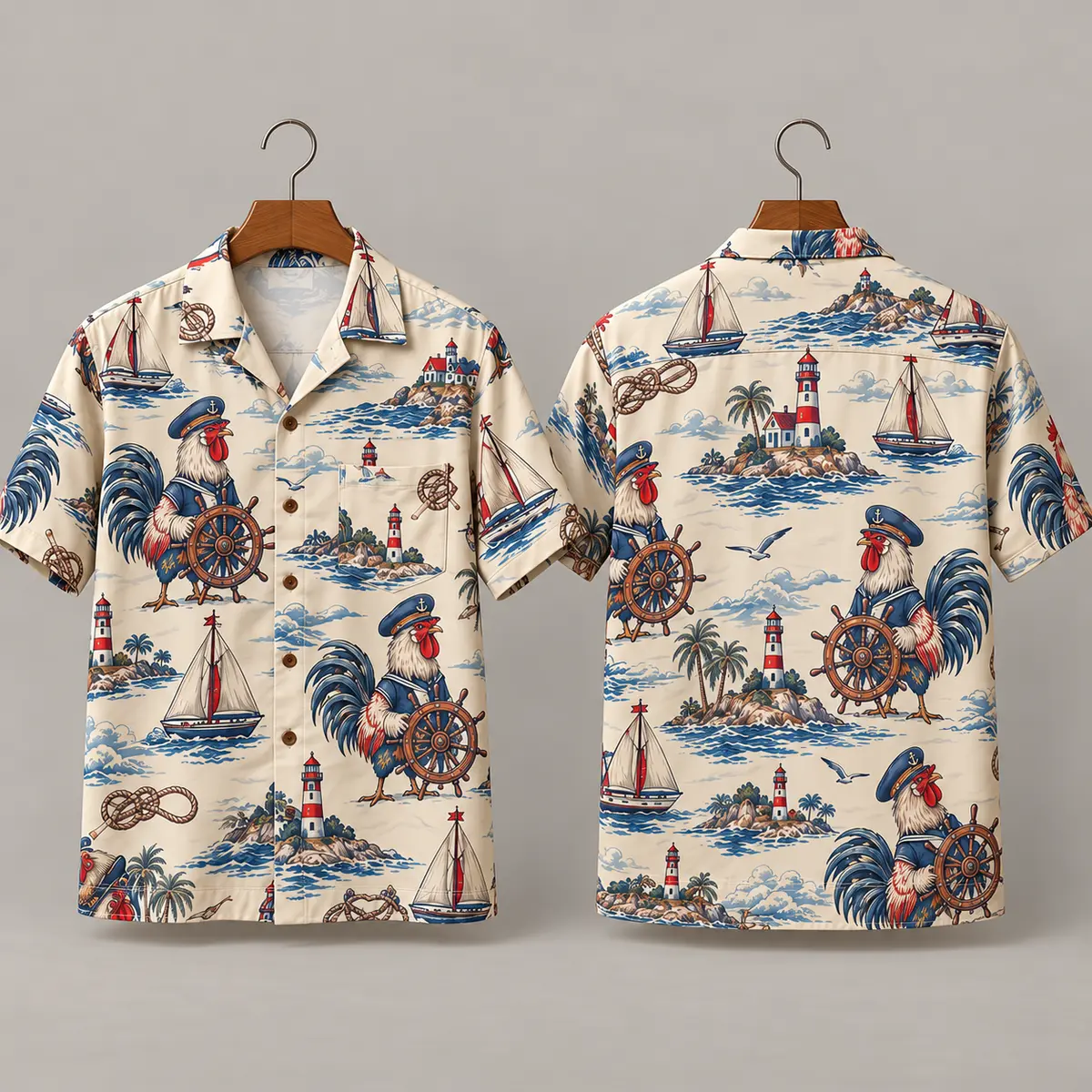Sea Captain Rooster Hawaiian Shirt with Lighthouses