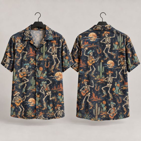Dancing Skeleton Cowboy Halloween Hawaiian Shirt – Western Spooky All-Over Print