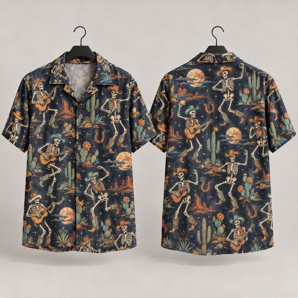 Dancing Skeleton Cowboy Halloween Hawaiian Shirt – Western Spooky All-Over Print