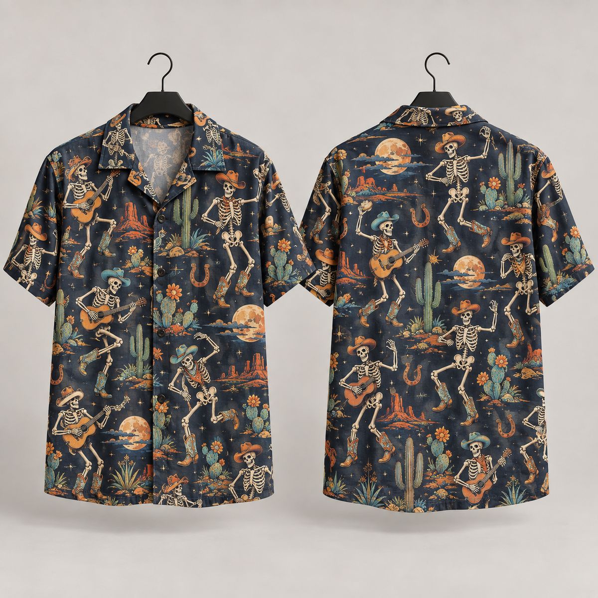 Dancing Skeleton Cowboy Halloween Hawaiian Shirt – Western Spooky All-Over Print