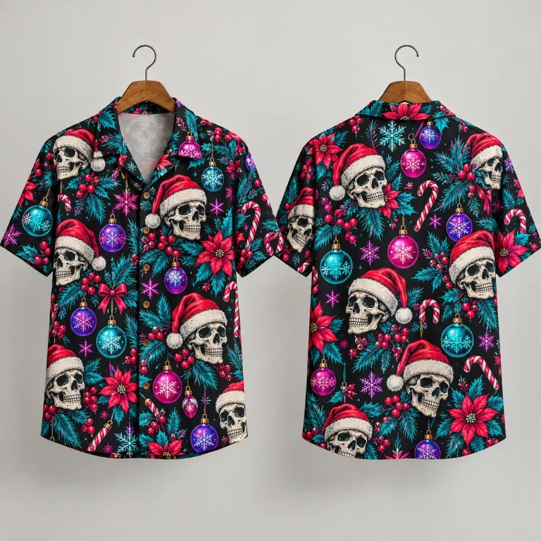Skull Christmas Themed Hawaiian Shirt with Santa Hats