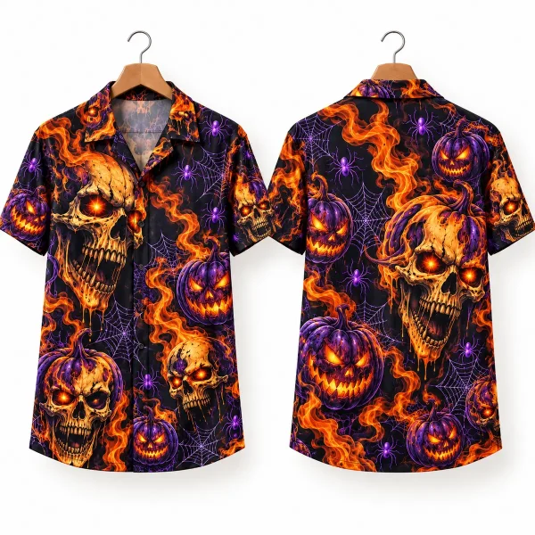 Skull Halloween Hawaiian Shirt with Fiery Pumpkins