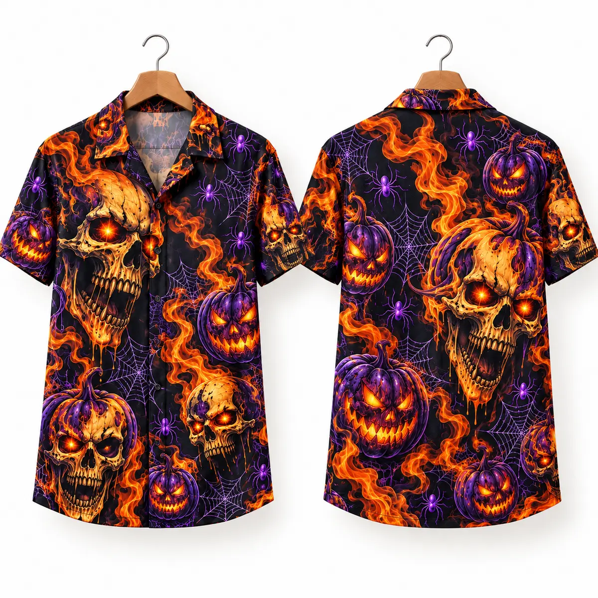 Skull Halloween Hawaiian Shirt with Fiery Pumpkins