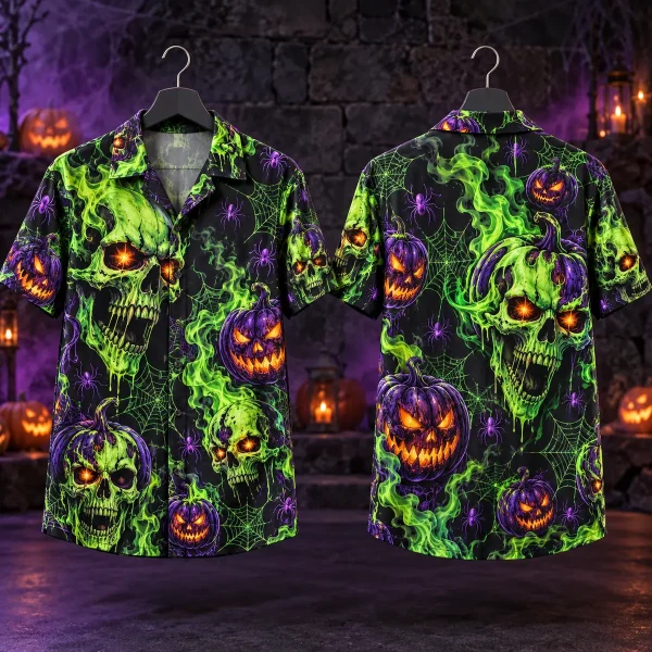 Skull Halloween Hawaiian Shirt with Green Flames