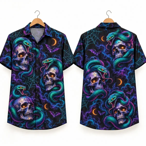 Skull Halloween Hawaiian Shirt with Neon Snakes