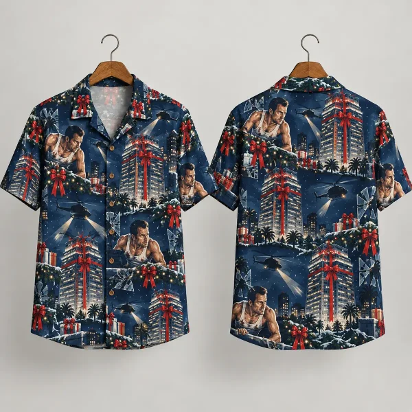 Skyscraper Christmas Vacation Hawaiian Shirt - Navy