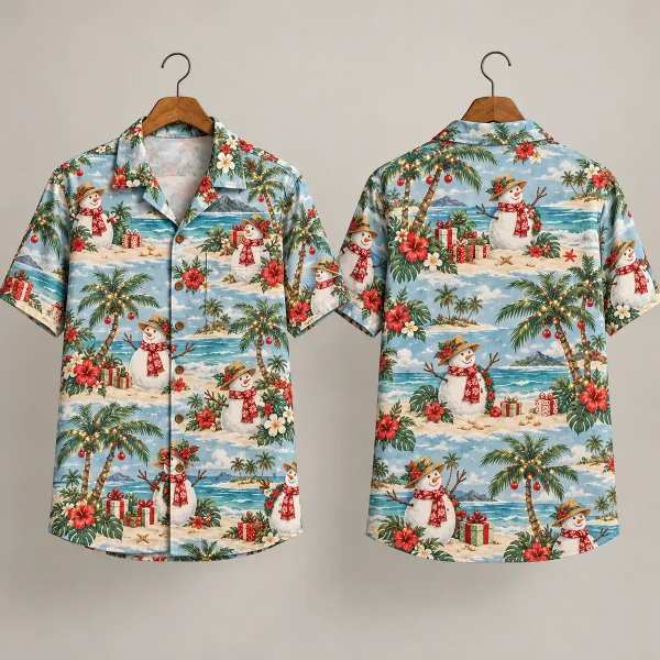 Snowmen Men's Christmas Hawaiian Shirt - Tropical Beach