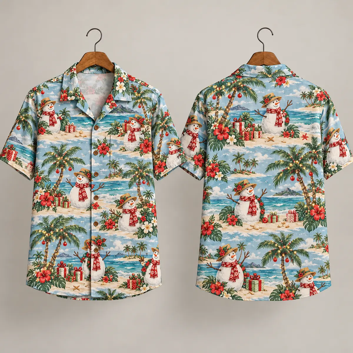 Snowmen Men's Christmas Hawaiian Shirt - Tropical Beach