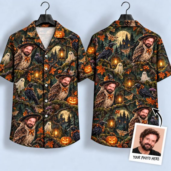 Spooky Owl Face Halloween Hawaiian Shirt – Haunted Forest Night Design