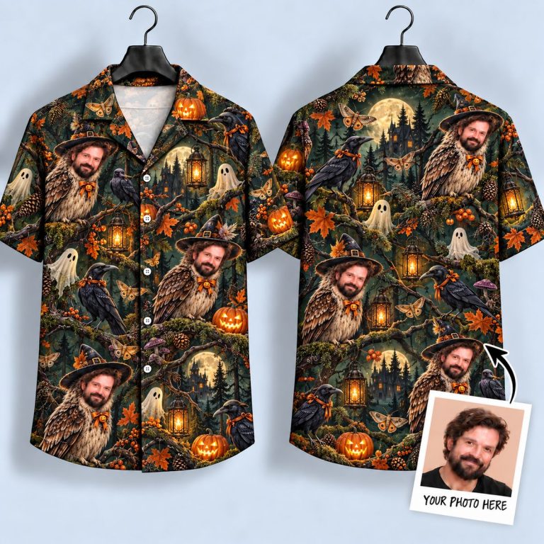 Spooky Owl Face Halloween Hawaiian Shirt – Haunted Forest Night Design
