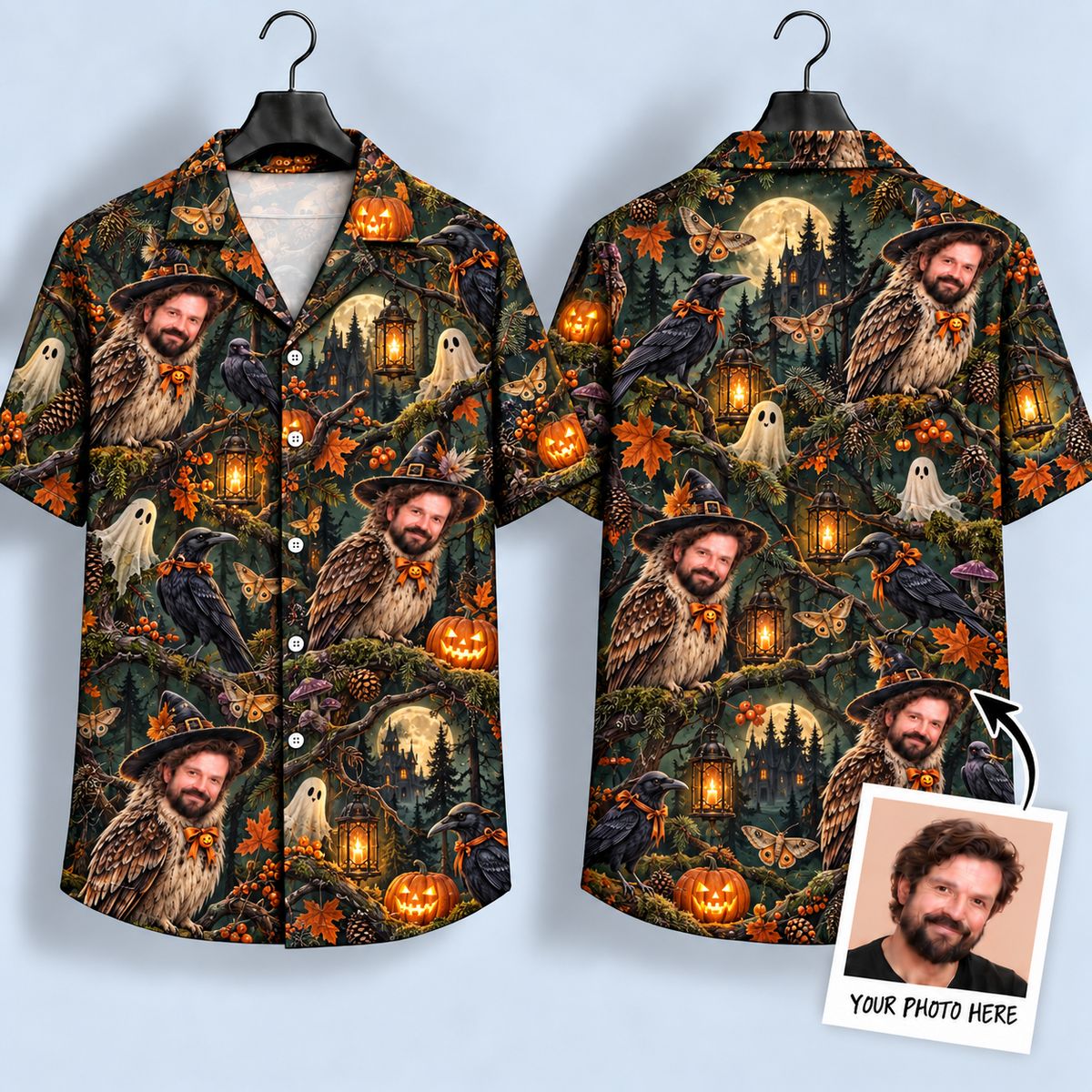 Spooky Owl Face Halloween Hawaiian Shirt – Haunted Forest Night Design