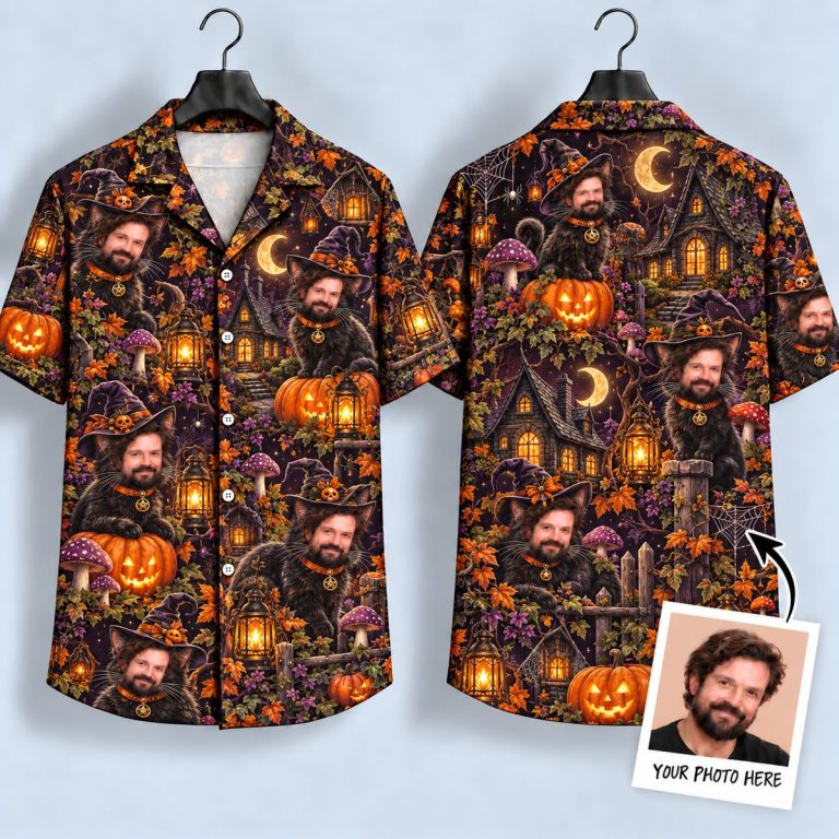 Spooky Cat-Man Halloween Hawaiian Shirt – Witch Hat Pumpkin All-Over Print
