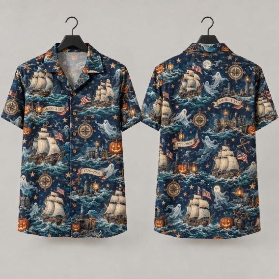 Spooky Sailing Ships Halloween Hawaiian Shirt – America 250 Ghost & Pumpkin Nautical Design