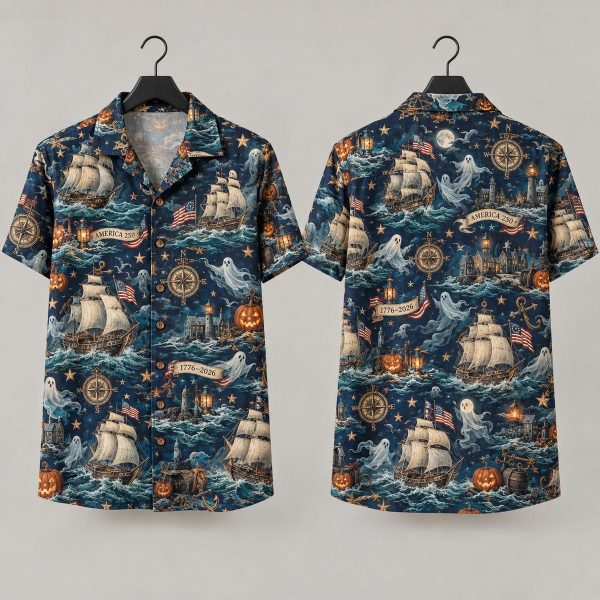 Spooky Sailing Ships Halloween Hawaiian Shirt – America 250 Ghost & Pumpkin Nautical Design