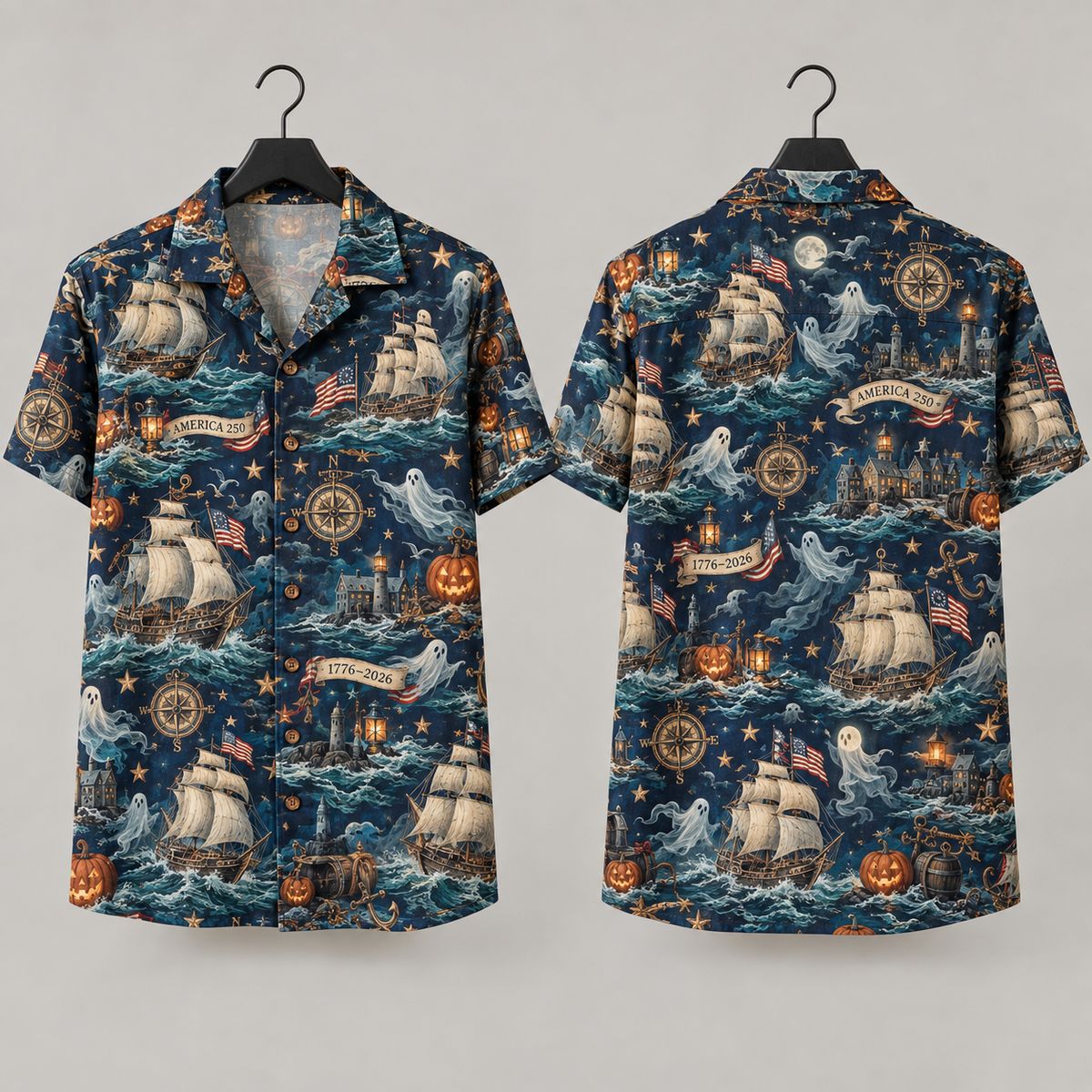 Spooky Sailing Ships Halloween Hawaiian Shirt – America 250 Ghost & Pumpkin Nautical Design
