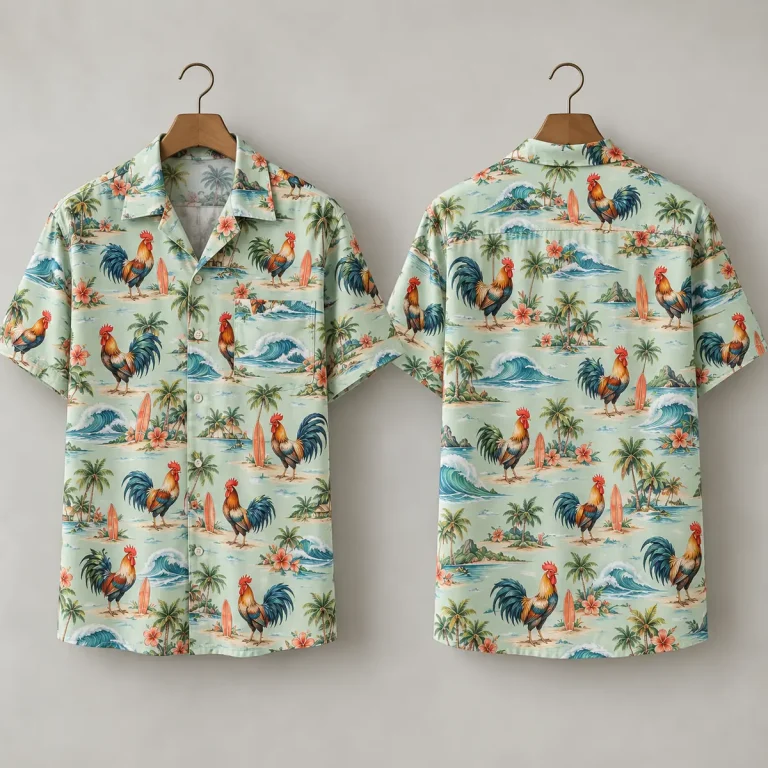 Surfboard Rooster Hawaiian Shirt in Pastel Green
