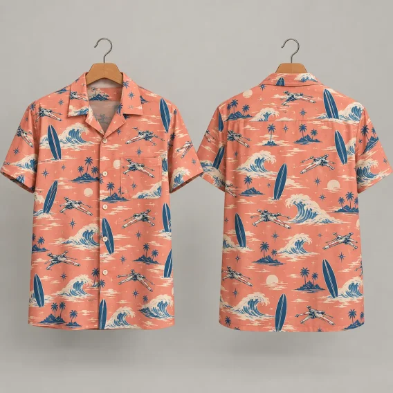 Surfboard Star Wars Hawaiian Shirt in Coral Pink