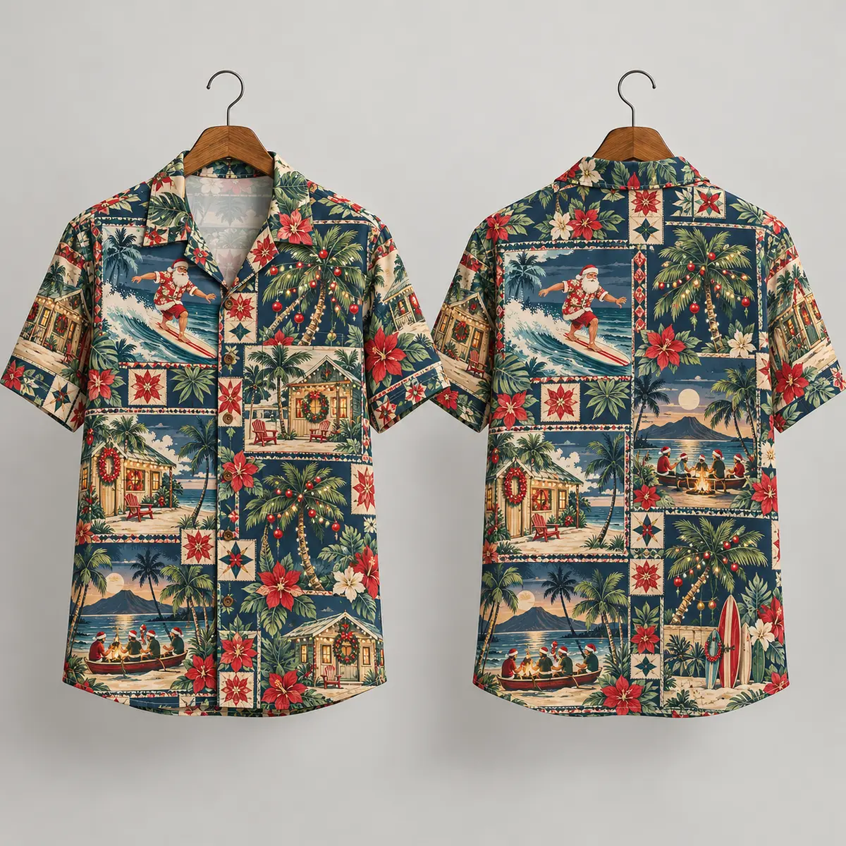 Surfing Christmas Santa Hawaiian Shirt - Beach Patchwork