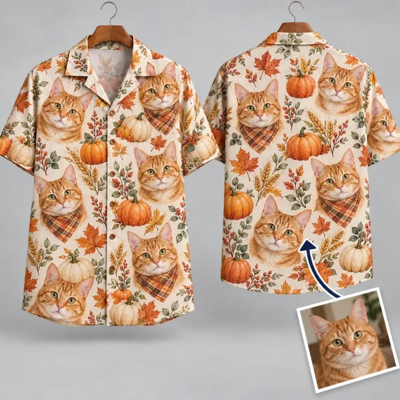 Tabby Cat Thanksgiving Aloha Shirt with Pumpkins