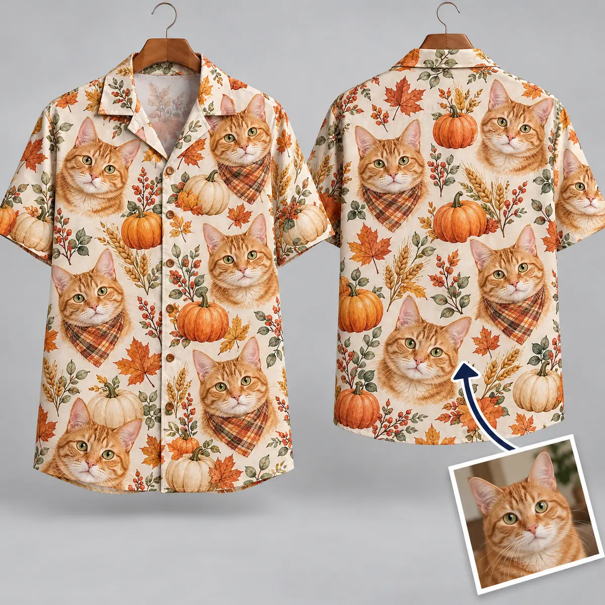 Tabby Cat Thanksgiving Aloha Shirt with Pumpkins