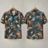 Teal Rooster Hawaiian Shirt with Botanical Flourishes