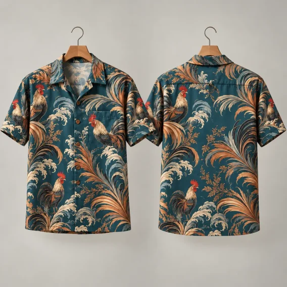 Teal Rooster Hawaiian Shirt with Botanical Flourishes