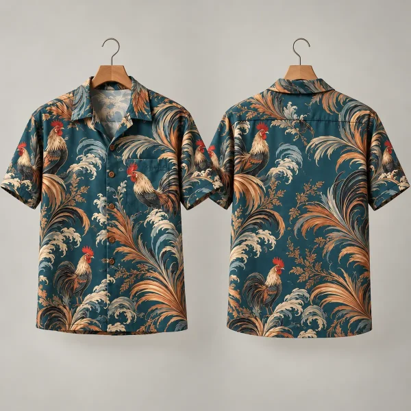 Teal Rooster Hawaiian Shirt with Botanical Flourishes