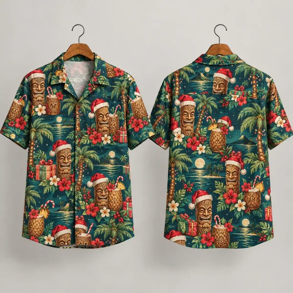 Tiki Christmas Themed Hawaiian Shirt with Santa Hats