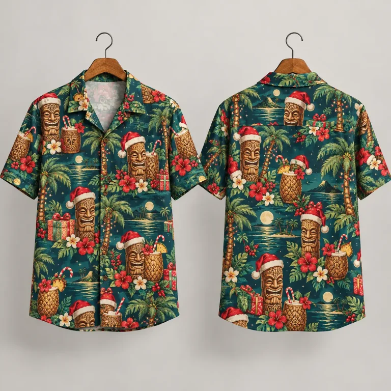 Tiki Christmas Themed Hawaiian Shirt with Santa Hats