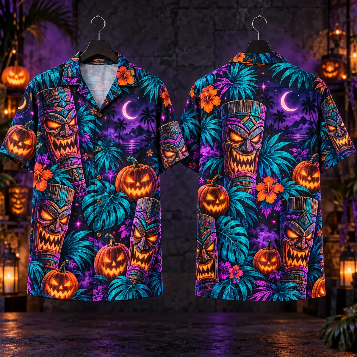 Tiki Pumpkin Halloween Hawaiian Shirt – Neon Nights