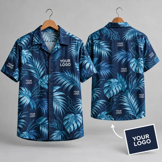 Tropical Leaf Logo Hawaiian Shirt | Navy Blue Tech Foliage