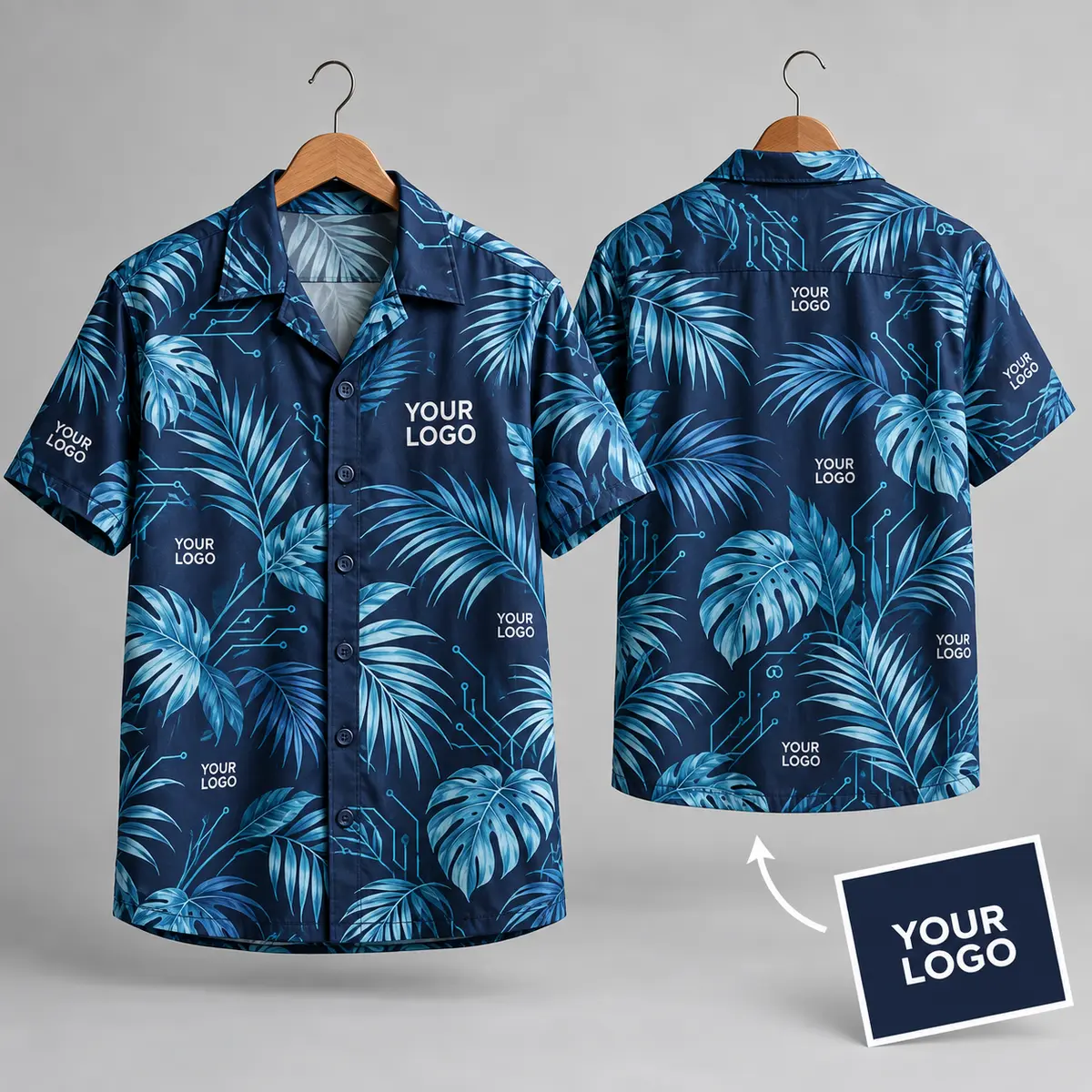 Tropical Leaf Logo Hawaiian Shirt | Navy Blue Tech Foliage