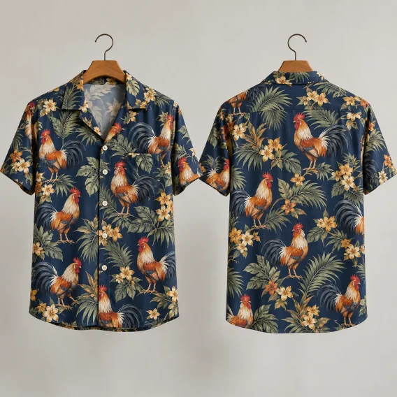 Tropical Rooster Hawaiian Shirt – Navy Plumeria