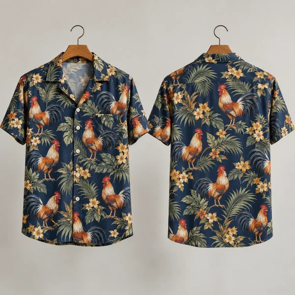 Tropical Rooster Hawaiian Shirt – Navy Plumeria