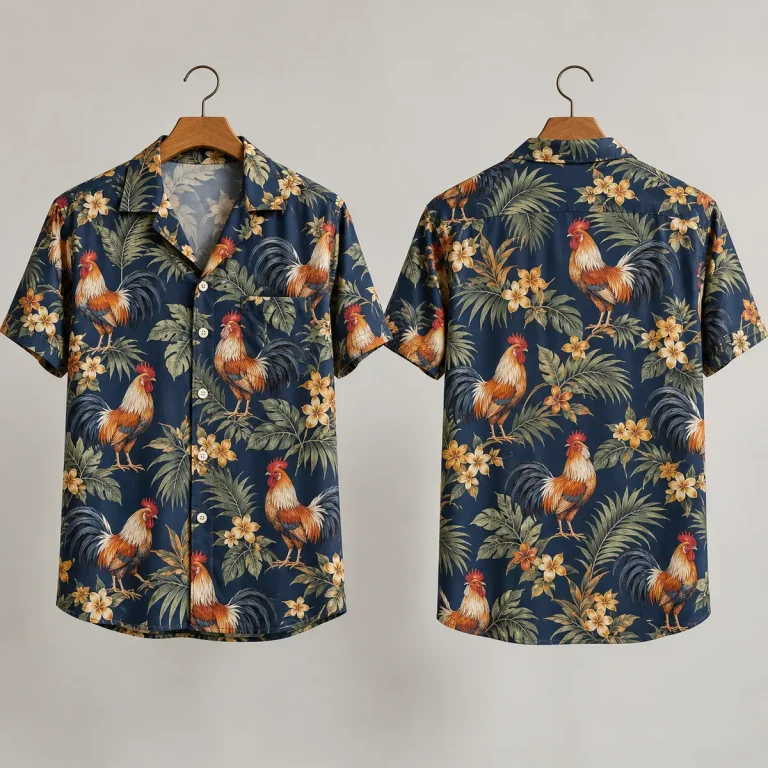 Tropical Rooster Hawaiian Shirt – Navy Plumeria