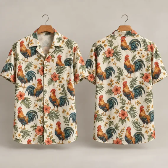 Tropical Rooster Hawaiian Shirt with Hibiscus & Palm Leaves