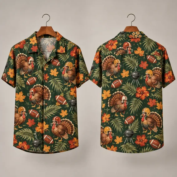Turkey Football Thanksgiving Hawaiian Shirts in Dark Green