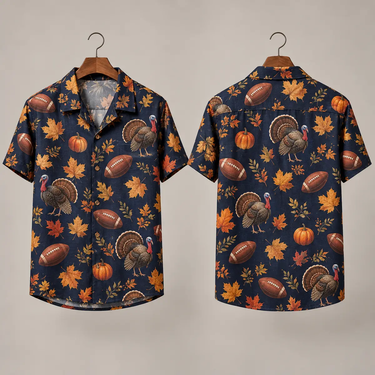 Turkey Thanksgiving Aloha Shirt with Footballs & Pumpkins