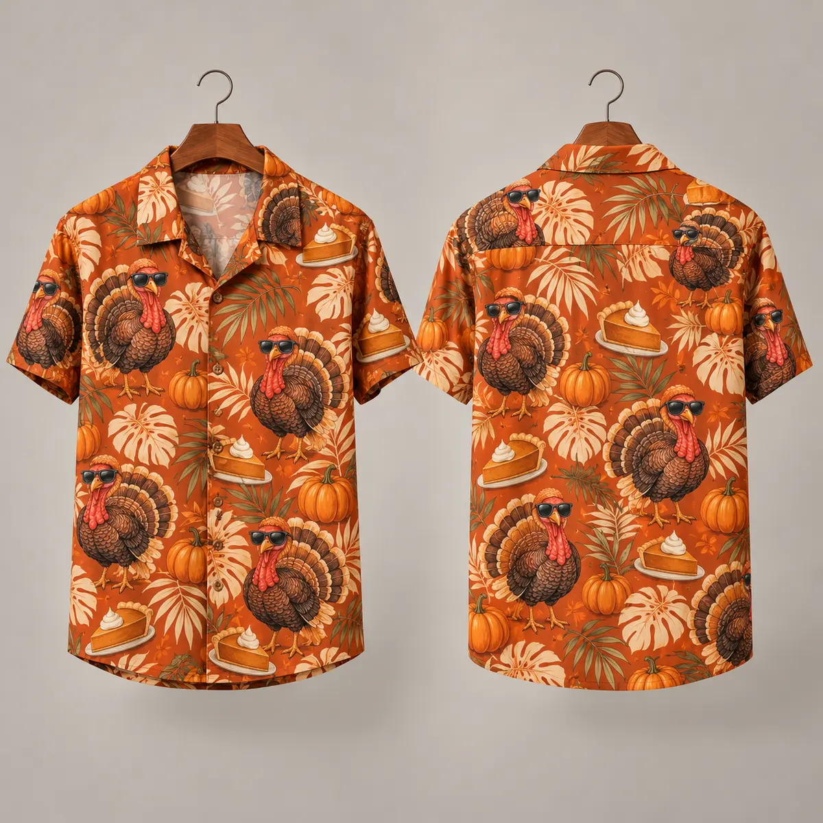 Turkey Thanksgiving Aloha Shirt - Orange Pie Print