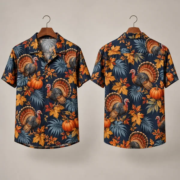 Turkey Thanksgiving Button Up Shirt – Navy Fall Motifs