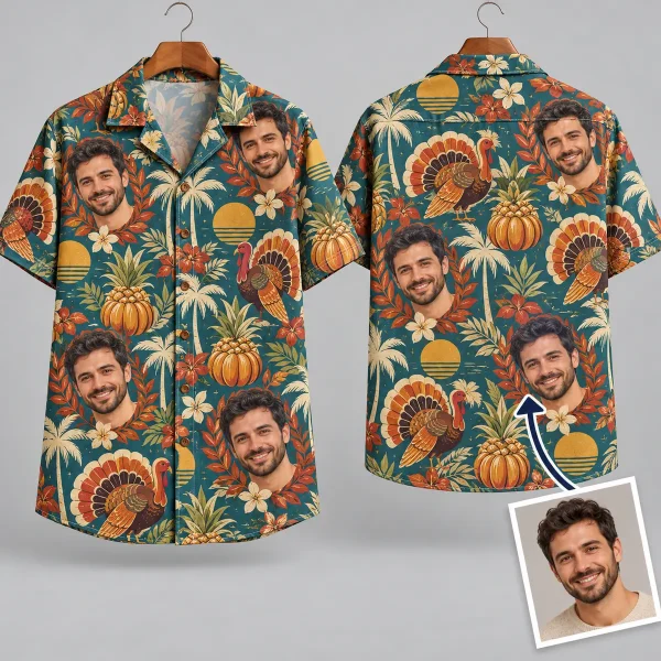 Turkey Thanksgiving Hawaiian Shirts with Portraits & Pumpkins