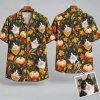 Tuxedo Cat Thanksgiving Aloha Shirt with Fall Leaves