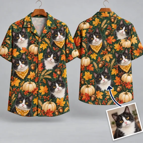 Tuxedo Cat Thanksgiving Aloha Shirt with Fall Leaves