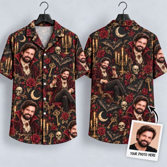 Victorian Vampire Halloween Hawaiian Shirt – Gothic Horror Aloha with Skulls, Bats & Candelabras