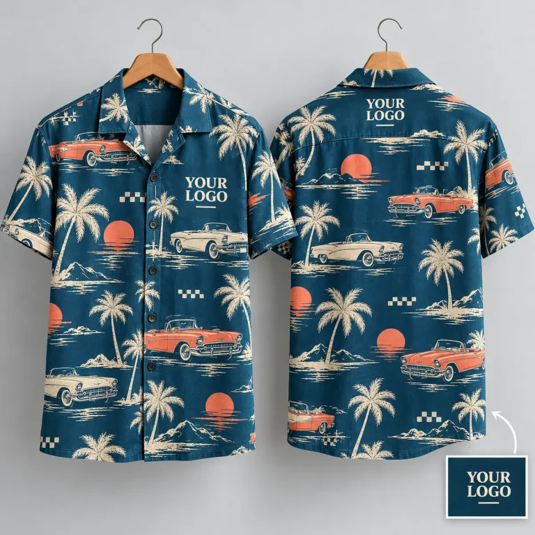 Vintage Convertible Car Hawaiian Shirt With Logo – Retro Teal