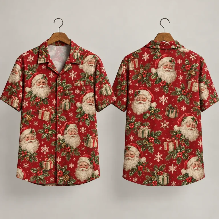 Vintage Santa Hawaiian Shirt with Gifts and Pinecones
