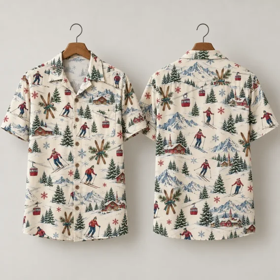 Vintage Skier Christmas Hawaiian Shirt | Alpine Holiday Print