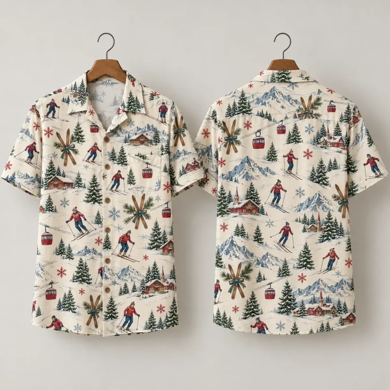 Vintage Skier Christmas Hawaiian Shirt | Alpine Holiday Print