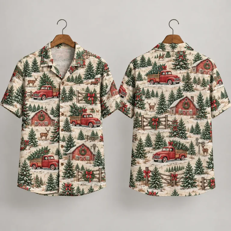 Vintage Truck Xmas Hawaiian Shirts – Rustic Holiday Scenes