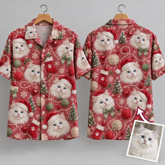 White Cat Christmas Hawaiian Shirt – Santa Hat & Holiday Feline Print